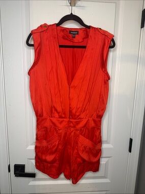 bebe Red Sleeveless V-Neck Satin Romper